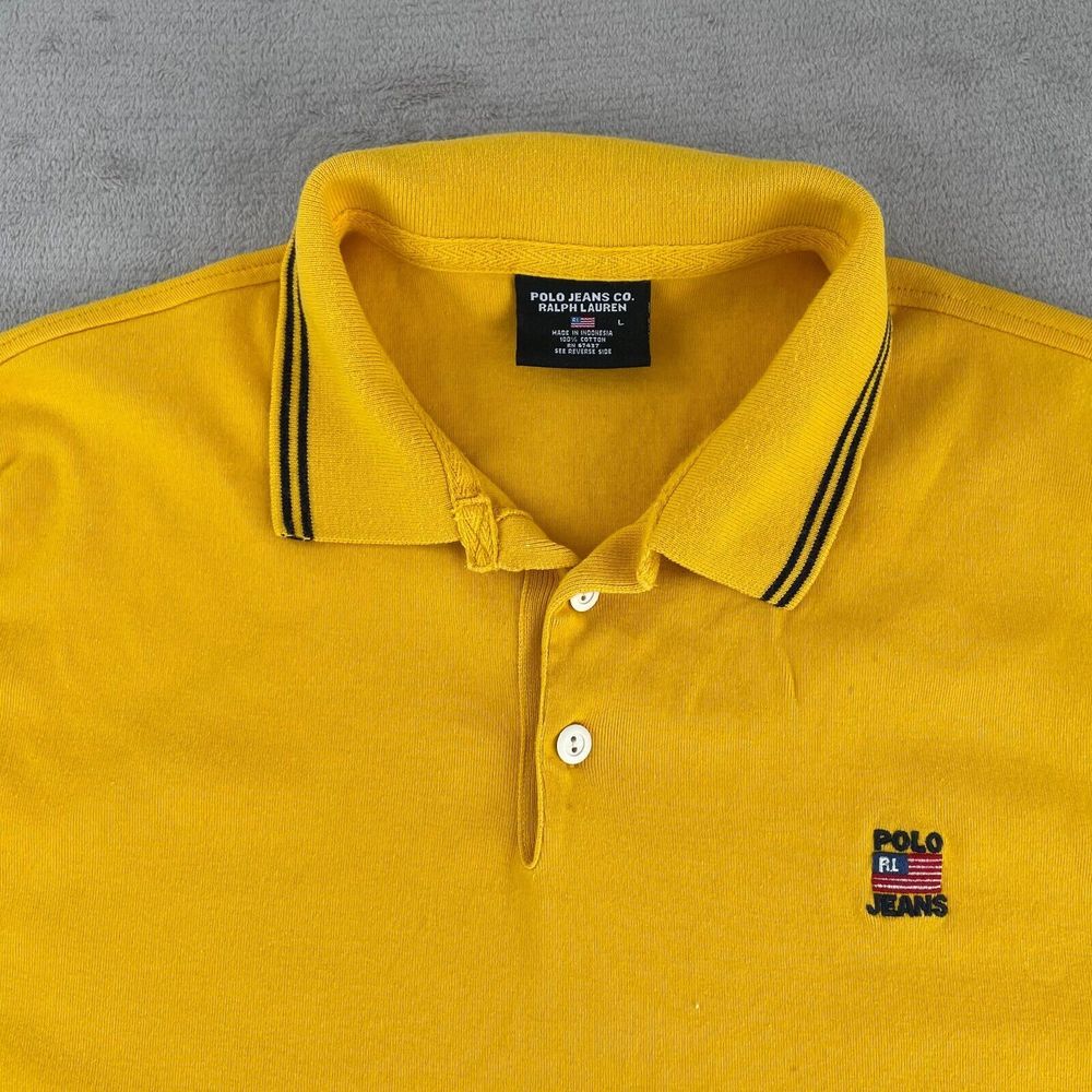 Vintage Polo Jeans Ralph Lauren Polo Shirt Men Large‎ Yellow US Flag Embroidered
